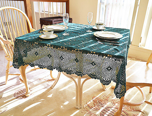 Festive Crochet Square Tablecloth. EveryGreen color.45"SQ.